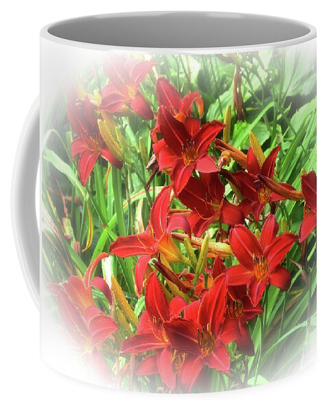 Red Daylilies Coffee Mug featuring the photograph Red Daylilies by Yvonne Johnstone
