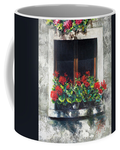Red Geraniums Coffee Mug featuring the painting Red Geraniums Window by Lynne Pittard