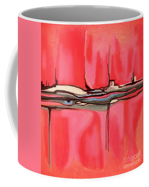 Digital Art Coffee Mug featuring the mixed media Red Pink Peach Blue Eye in Pink Adobe World Abstract Landscape Wall Artwork by Delynn Addams by Delynn Addams