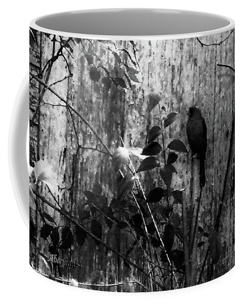 Red Birds Coffee Mug featuring the photograph Redbird Enjoying the Clarity of a Blue and Green Black and White Moment by Aberjhani