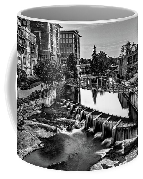 Downtown Greenville Coffee Mug featuring the photograph Reedy River In Downtown Greenville SC Black And White by Carol Montoya
