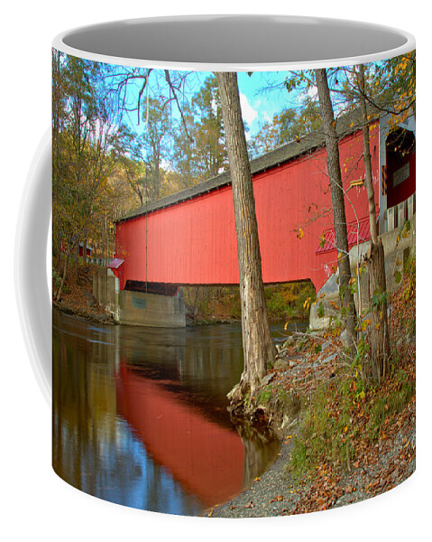 Eagleville Covered Bridge Coffee Mug featuring the photograph Reflections Of The Eagleville Covered Bridge by Adam Jewell