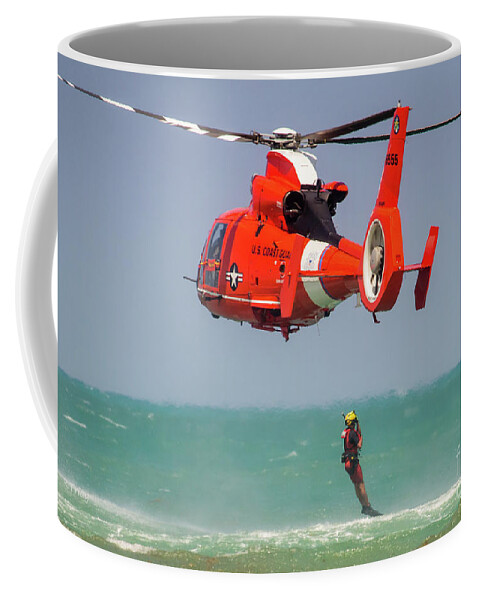 Coast Guard Coffee Mug featuring the photograph Rescue Diver US Coast Guard H-65 Helicopter by Rene Triay FineArt Photos