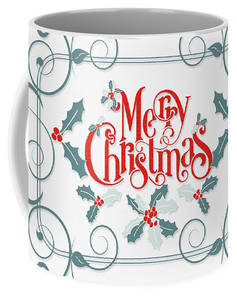 Christmas Coffee Mug featuring the digital art Retro Holly Swirls Christmas Typography by Doreen Erhardt
