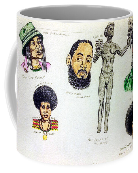 Black Art Coffee Mug featuring the drawing Rev. Powell, Nipsey, Mumia, Aretha, and Assata by Joedee