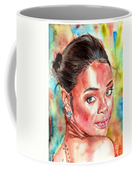 Rihanna Coffee Mug featuring the painting Rihanna Portrait by Suzann Sines