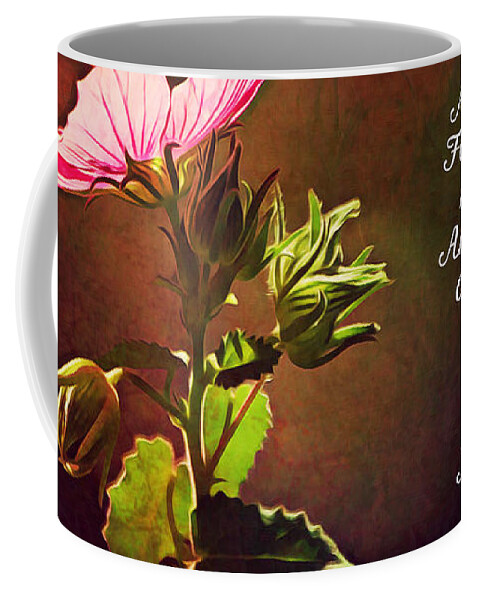 Flower Coffee Mug featuring the digital art Rock Rose Lighted and Scripture by Gaby Ethington