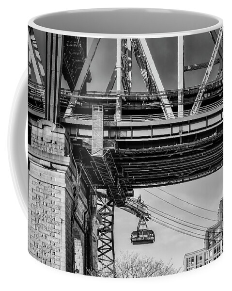 Roosevelt Island Tram Coffee Mug featuring the photograph Roosevelt Tram Underneath The 59 St Bridge BW by Susan Candelario