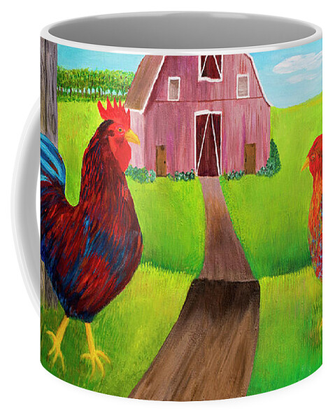 Rooster Coffee Mug featuring the painting Rooster Says Cockledoodle Dooo and Hen Crossing Road by Elizabeth Mauldin