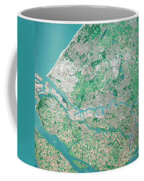 Rotterdam Coffee Mug featuring the digital art Rotterdam Harbor 3D Render Aerial Top View From South Aug 2019 by Frank Ramspott