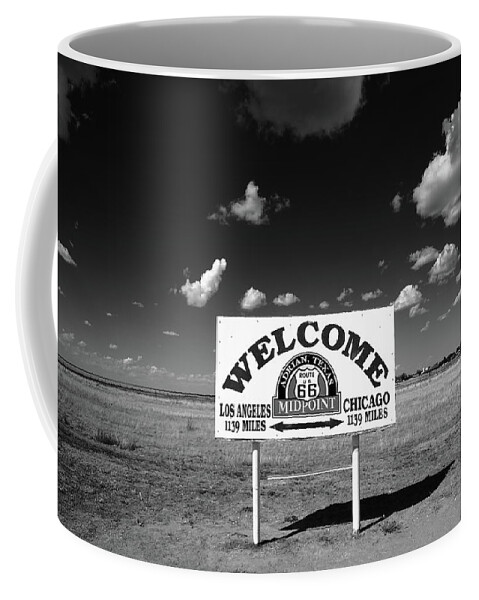 66 Coffee Mug featuring the photograph Route 66 - Midpoint Sign 2010 BW by Frank Romeo