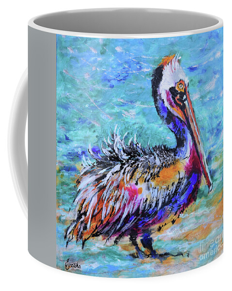 Pelican Coffee Mug featuring the painting Ruffled Pelican by Jyotika Shroff