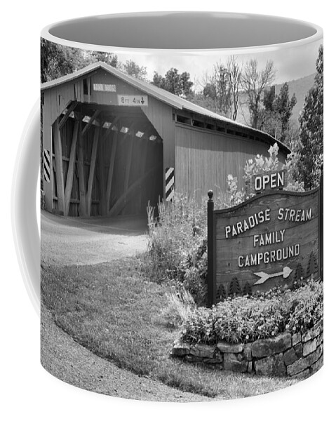 Adair Coffee Mug featuring the photograph Rural Cisna Mill Covered Bridge Black And White by Adam Jewell
