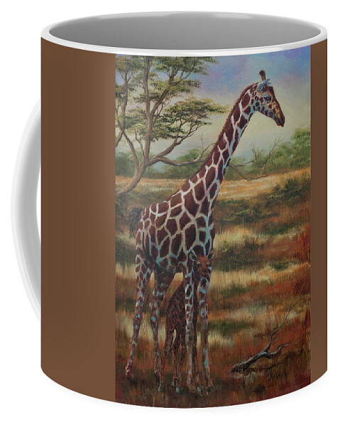 Giraffe Coffee Mug featuring the painting Safe Haven by Lynne Pittard