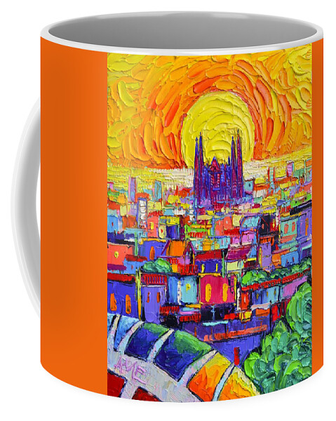 Barcelona Coffee Mug featuring the painting SAGRADA FAMILIA FROM PARK GUELL AT SUNRISE BARCELONA ABSTRACT CITIES impasto painting Ana Edulescu by Ana Maria Edulescu