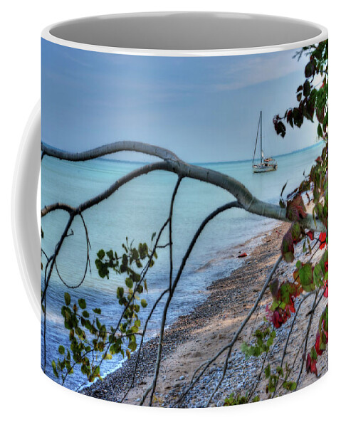 Sailboat Sailing Boat Autumn Red Leaves Lake Michigan Milwaukee Wi Wisconsin Great Lakes Aqua Turquoise Coffee Mug featuring the photograph Sailboat Serenity - Sailboat anchored in Lake Michigannear Shorewood Nature Preserve in Milwaukee WI by Peter Herman