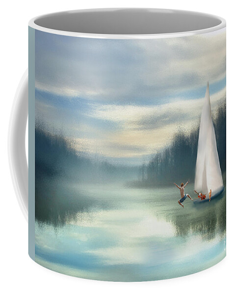 Sailing Boats Coffee Mug featuring the mixed media Sailing Down the River by Colleen Taylor