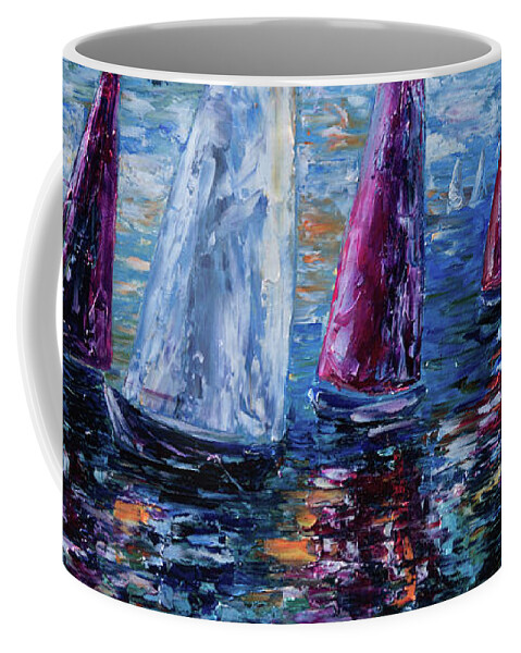  Olena Art Coffee Mug featuring the digital art Sails To-Night Palette Knife Painting by OLena Art