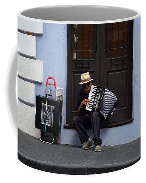 Richard Reeve Coffee Mug featuring the photograph San Juan Accordion Player - 5 years on by Richard Reeve
