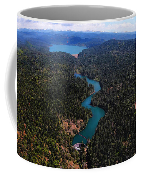 Scotts Flat Lake Coffee Mug featuring the digital art Scotts Flat Lake and Lower Scotts Flat Reservoir Aerial by Lisa Redfern