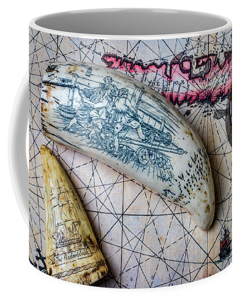 Scrimshaw Coffee Mug featuring the photograph Scrimshaw On Old Map by Garry Gay