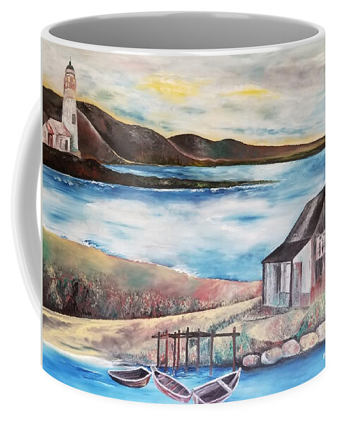 Landscape Coffee Mug featuring the painting Seascape by Obi-Tabot Tabe