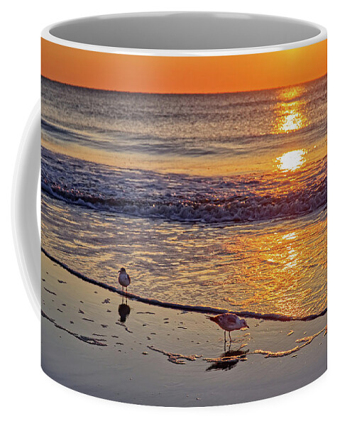 Seagulls Sunrise Beach Ga Georgia Tybee Waves Water Ocean Coffee Mug featuring the photograph Seagull Sunrise - Tybee Island Beach sunrise by Peter Herman
