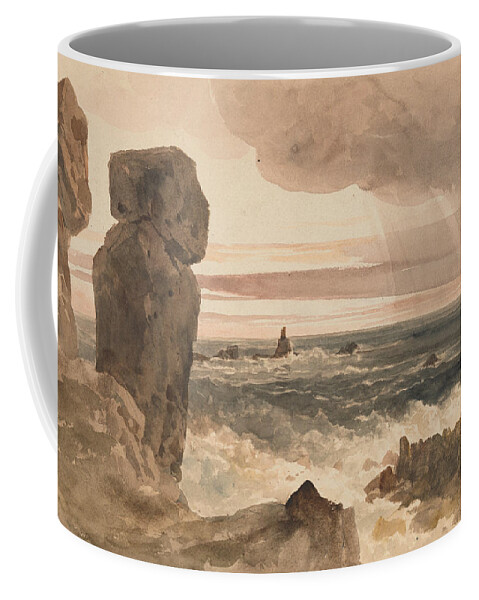 19th Century Art Coffee Mug featuring the drawing Seascape with Rocks Lizard, Cornwall by Peter De Wint