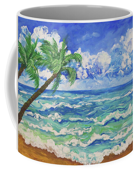 Sea Coffee Mug featuring the painting Seashore with Palms by Frances Miller