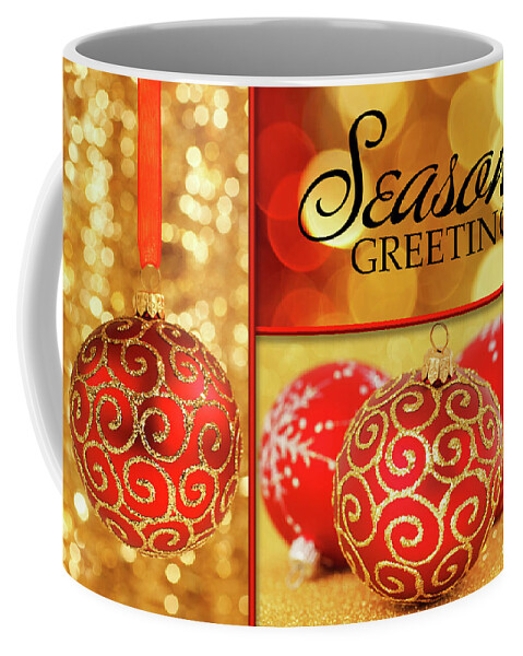Season's Greetings Coffee Mug featuring the digital art Season's Greetings Red and Gold Christmas Ornaments by Doreen Erhardt