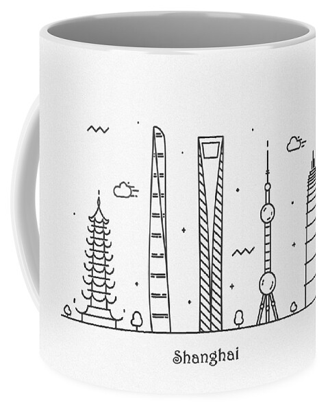 Shanghai Coffee Mug featuring the drawing Shanghai Cityscape Travel Poster by Inspirowl Design