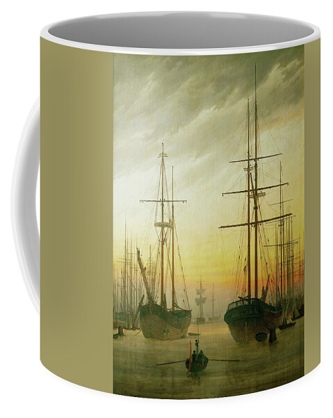 Caspar David Friedrich Coffee Mug featuring the painting Ships in the harbour. Oil on canvas. by Caspar David Friedrich -1774-1840-