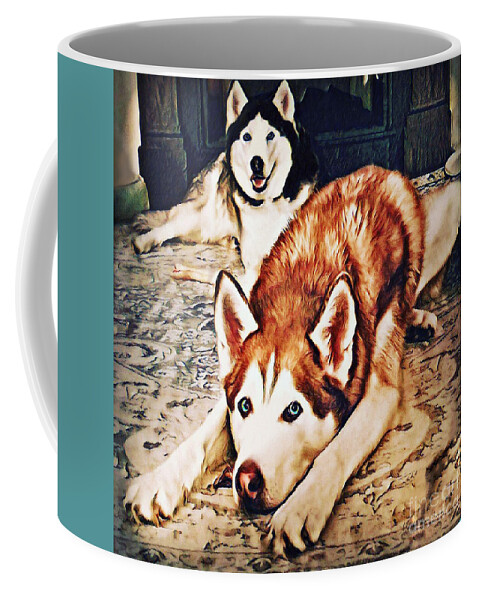Siberian Coffee Mug featuring the photograph Siberian Huskies at Rest A22119 by Mas Art Studio