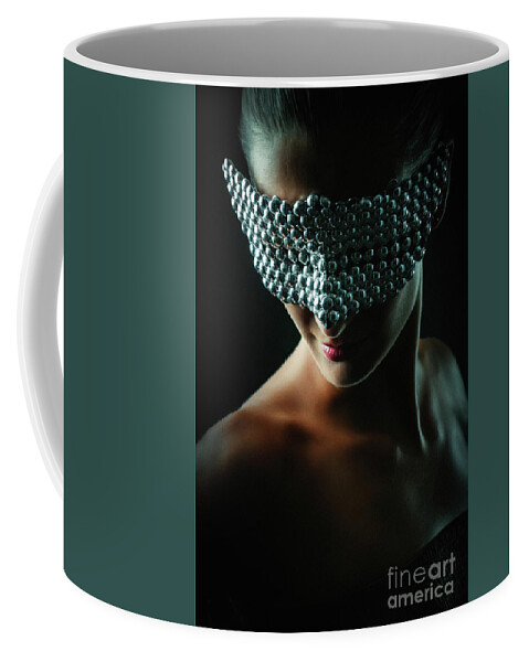 Art Coffee Mug featuring the photograph Silver Mask Silver Chrome Metal Masquerade Eye Mask by Dimitar Hristov