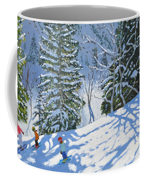 Skiing Courchevel To La Tania Coffee Mug featuring the painting Skiing Courchevel to La Tania by Andrew Macara