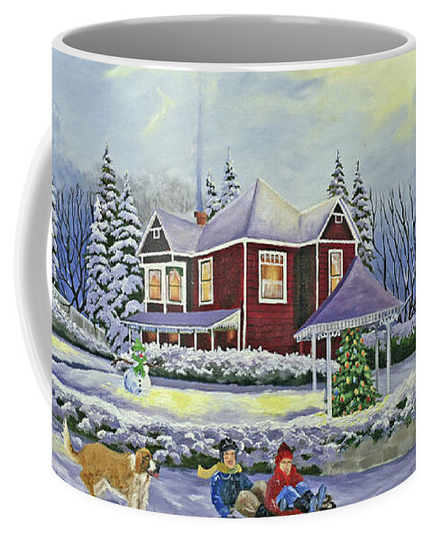 Christmas Coffee Mug featuring the painting Sledding by Julie Peterson