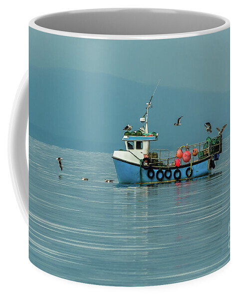 Animal Coffee Mug featuring the photograph Small Fishing Boat With Lobster Pods And Seagulls On Calm Atlantic In Front Of The Hebride Islands by Andreas Berthold