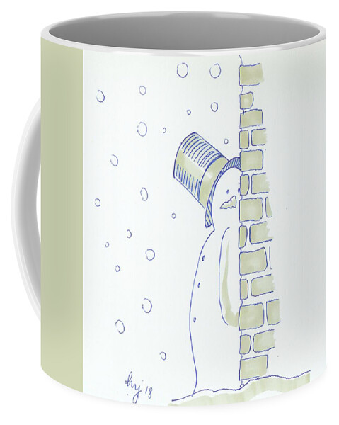  Coffee Mug featuring the drawing Sneaky Snowman Christmas Cartoon by Mike Jory