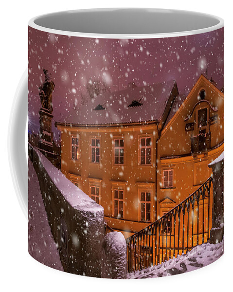 Jenny Rainbow Fine Art Photography Coffee Mug featuring the photograph Snowy Prague. House with St. Mary Painting by Jenny Rainbow