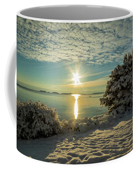 First Winter Snow In Maine And I Happened To Be There Visiting. My 1st Visit In Maine And It Was Very Rewarding. This Was My Morning Backyard In The Cabin. Coffee Mug featuring the photograph Snowy Sunrise by George Kenhan