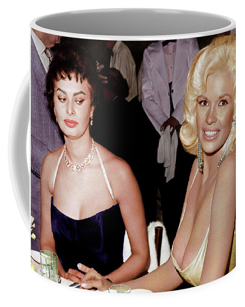 Jayne Mansfield Coffee Mug featuring the photograph Sophia Loren and Jayne Mansfield 1957 - In Color by Doc Braham