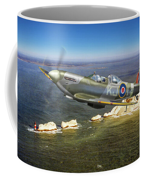 Spitfire Tr 9 Coffee Mug featuring the photograph Spitfire Tr 9 over The Needles by Gary Eason