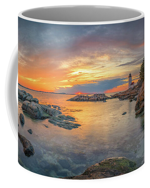 Annisquam Coffee Mug featuring the photograph Spring Sunset Panorama at Annisquam Lighthouse by Kristen Wilkinson