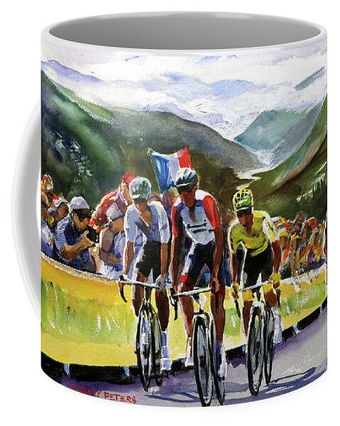 Tour De France Coffee Mug featuring the painting Stage 14 Thibaut Pinot on the Tourmalet by Shirley Peters