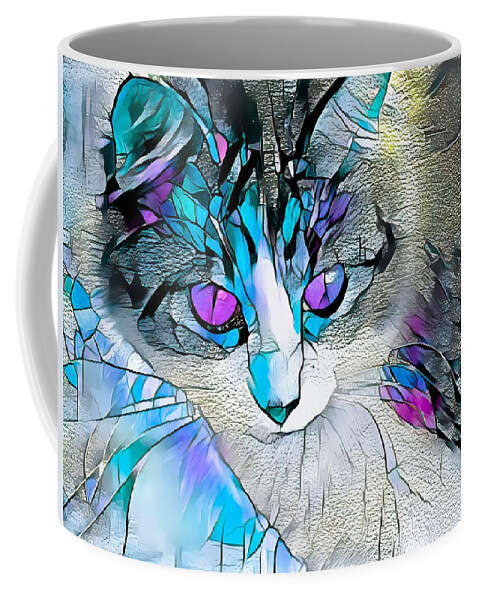 Glass Coffee Mug featuring the digital art Stained Glass Cat Stare Purple Eyes by Don Northup