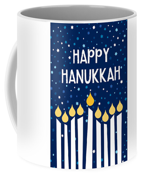 Hanukkah Coffee Mug featuring the mixed media Starry Night Hanukkah Menorah- Art by Linda Woods by Linda Woods