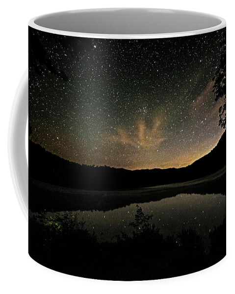 Heart Coffee Mug featuring the photograph Starry Sky Over Heart Lake Adirondack Log Adirondacks North Elba NY by Toby McGuire