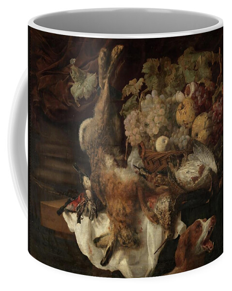 Luycks Christiaan Coffee Mug featuring the painting 'Still Life with a Dog and a Cat'. Ca. 1650. Oil on panel. by Christiaan Luycks -1623-1670-