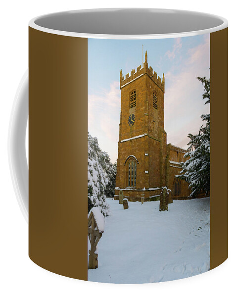 Village Coffee Mug featuring the photograph Stone Church in the Snow at Sunset by Mark Hunter