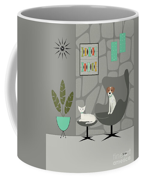 Mid Century Modern Coffee Mug featuring the digital art Stone Wall with Dog and Cat by Donna Mibus